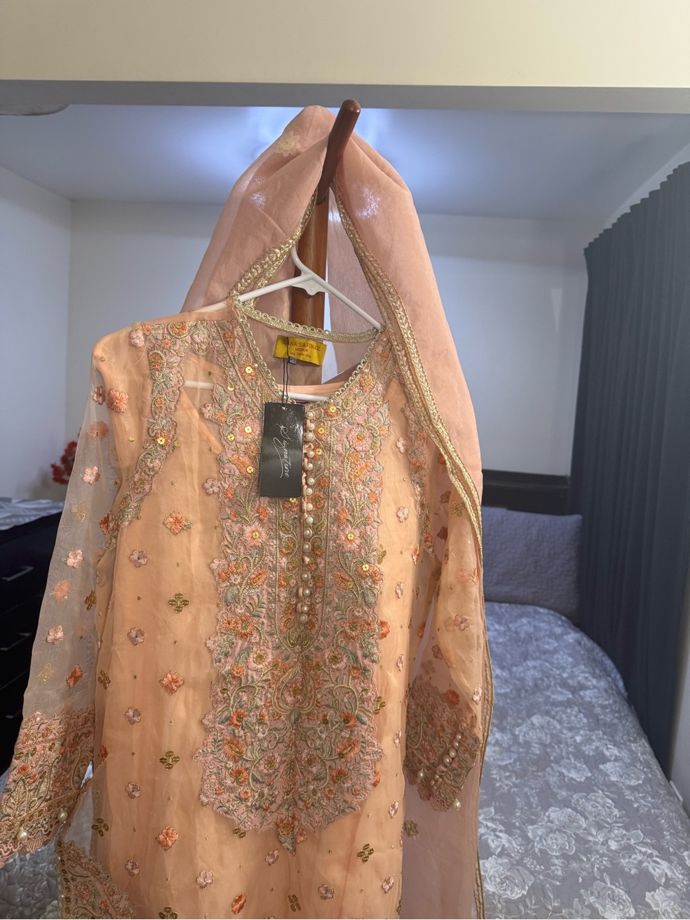 Embroidered Peach Women’s Dress with Scarf - Picture 2 of 8